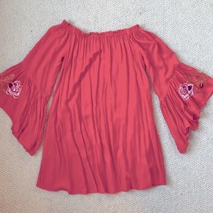 Red, Flowy, off the shoulder dress.